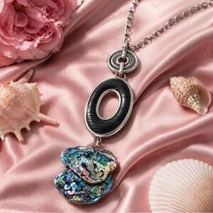 Hand Crafted Abalone & Black Oval Pendant Necklace Choker Up Cycled Custom OOAK